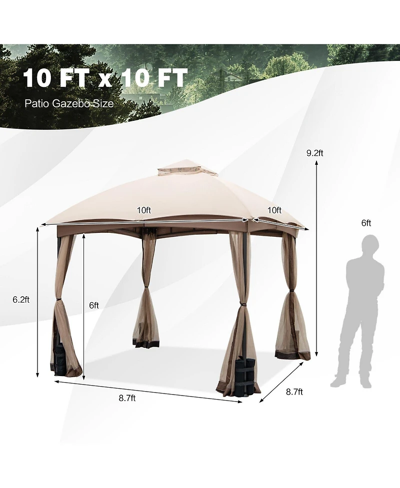 Slickblue 10 X 10 Feet Patio Double-Vent Gazebo with Privacy Netting and 4 Sandbags-Khaki