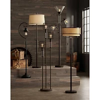 Franklin Iron Works Alamo Industrial Rustic Floor Lamp 62" Tall Bronze Metal Sheer Organza Outer Linen Fabric Inner Double Drum Shade for Living