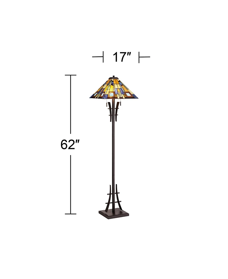 Robert Louis Tiffany Rustic Mission Asian Floor Lamp 62" Tall Bronze Iron Jewel Tone Stained Art Glass Shade for Living Room Bedroom Office House