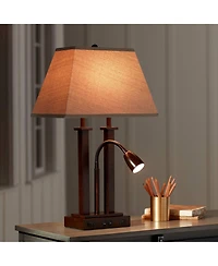 Possini Euro Design Deacon Modern Desk Table Lamp 26" High Bronze with Usb and Ac Power Outlet in Base Led Reading Light Oatmeal Shade for Office