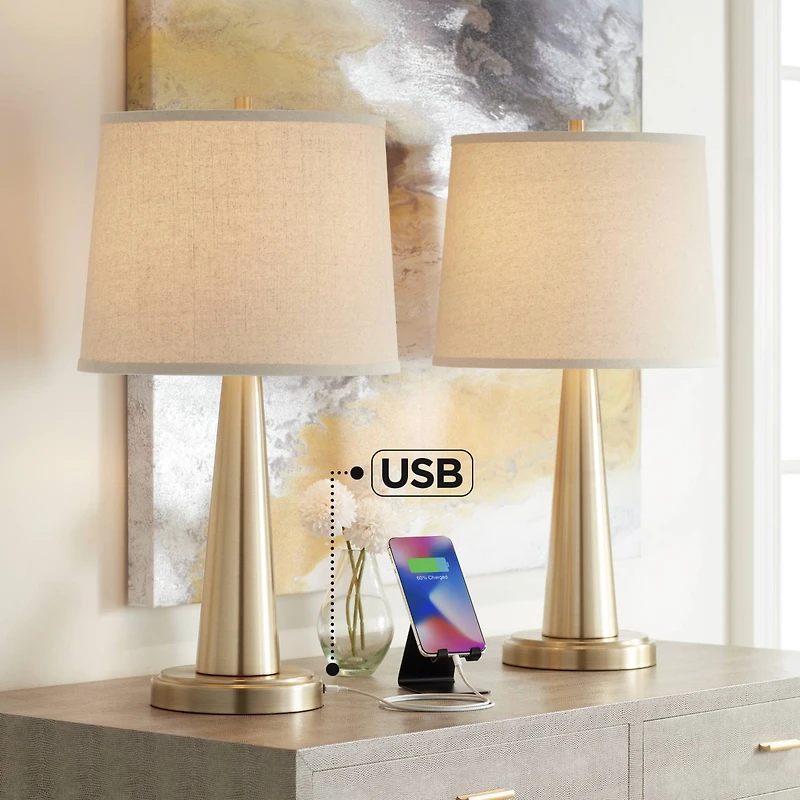 360 Lighting Modern Table Lamps 25" High Set of 2 with Usb Charging Port Brass Metal Beige Drum Shade for Bedroom Living Room House Desk Bedside