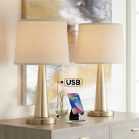 360 Lighting Modern Table Lamps 25" High Set of 2 with Usb Charging Port Brass Metal Beige Drum Shade for Bedroom Living Room House Desk Bedside