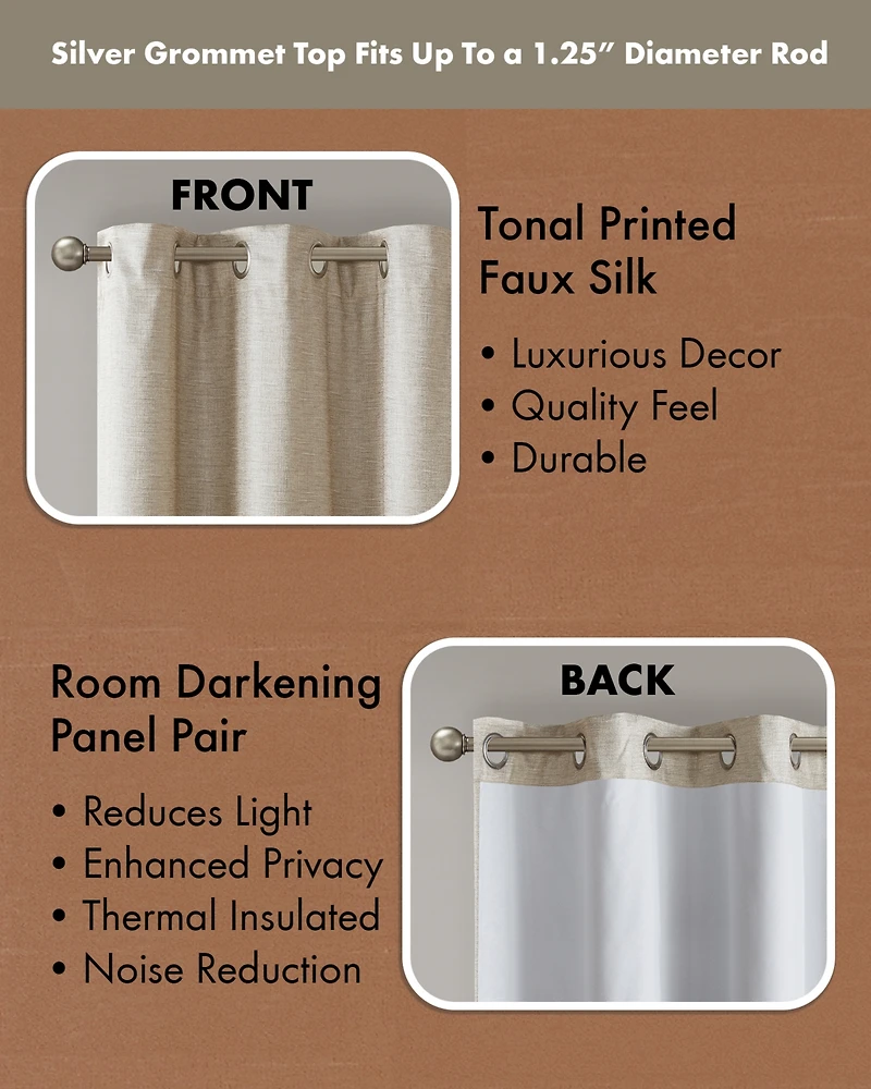 SunSmart Como Tonal Printed Faux Silk Room Darkening Curtain for Bedroom, Grommet Top Design Panels Pair Living Room