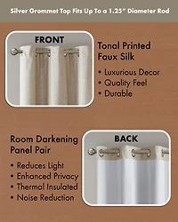 SunSmart Como Tonal Printed Faux Silk Room Darkening Curtain for Bedroom, Grommet Top Design Panels Pair Living Room