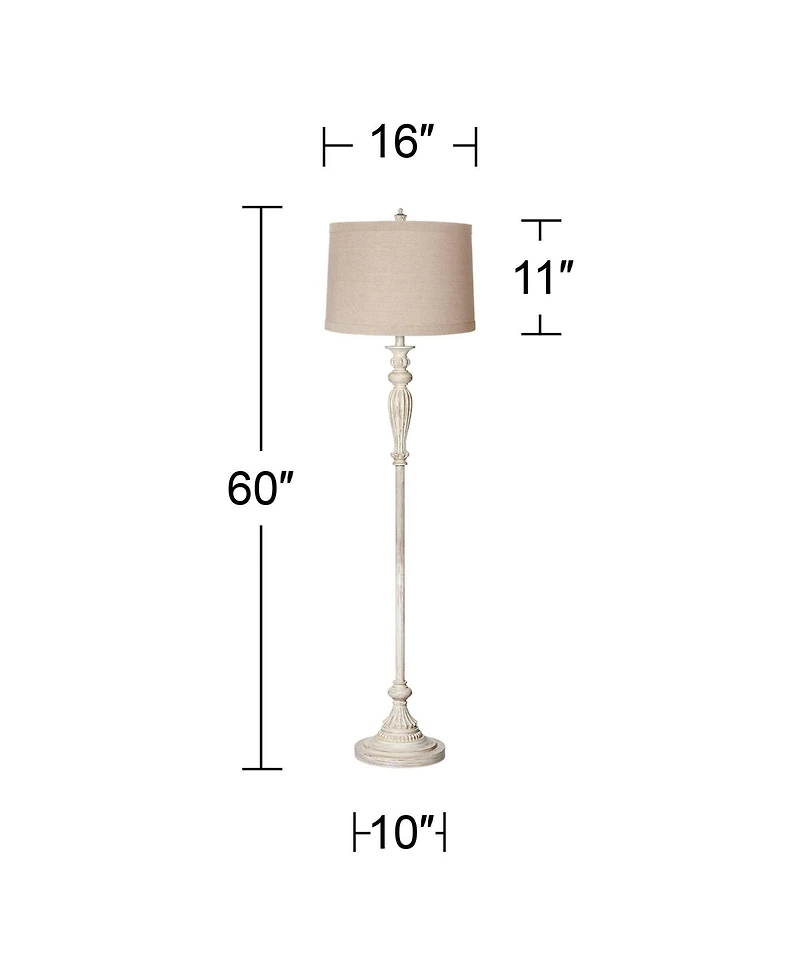 Traditional Vintage like Shabby Chic Standing Floor Lamp 60" Tall Antique White Washed Natural Linen Fabric Tapered Drum Shade Decor for Living R