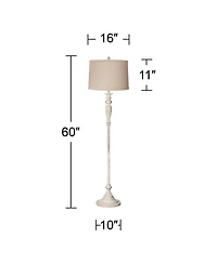 Traditional Vintage like Shabby Chic Standing Floor Lamp 60" Tall Antique White Washed Natural Linen Fabric Tapered Drum Shade Decor for Living R