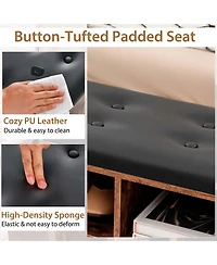 Wooden Shoe Bench 10-Cube Storage Organizer with Padded Cushion & Umbrella Holder