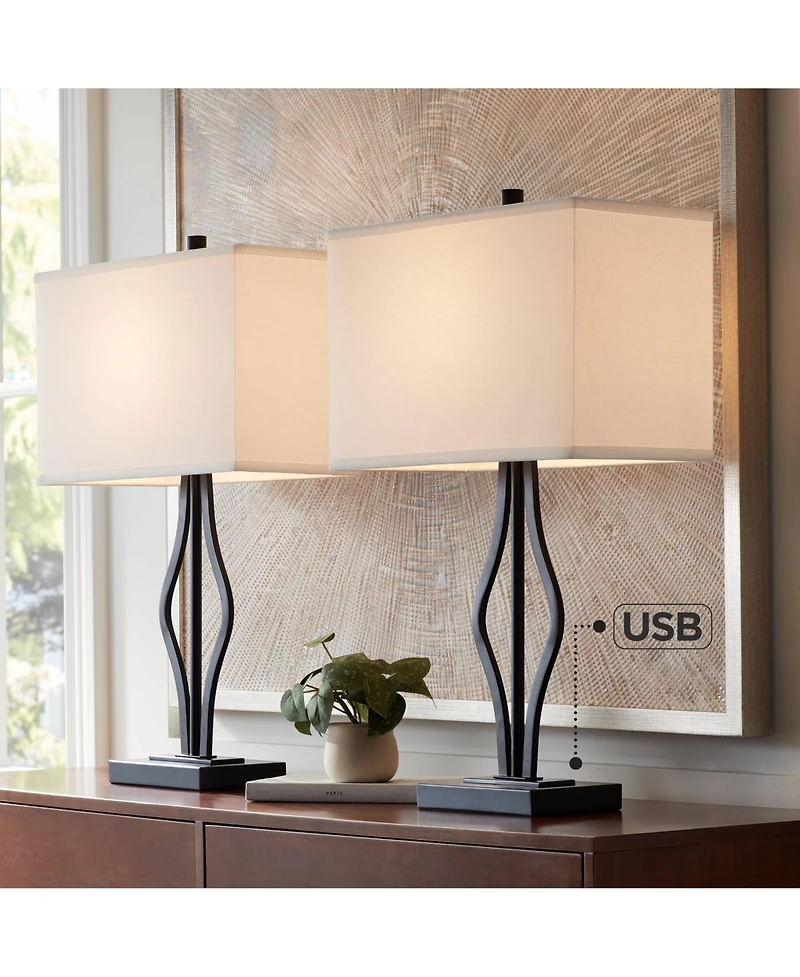 360 Lighting Ally Modern Table Lamps 26 1/2" High Set of 2 Black Metal with Usb Charging Port Rectangular Fabric Shade for Bedroom Living Room De