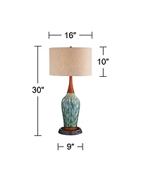 360 Lighting Rocco Modern Mid Century Table Lamp 30" Tall Blue Teal Ceramic with Dimmable Usb Workstation Base Linen Drum Shade for Living Room H