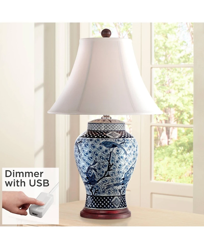 Barnes and Ivy Traditional Jar Table Lamp with Usb Charging Port 27" Tall Blue White Porcelain Bell Shade Living Room Bedroom House