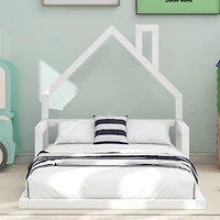 Simplie Fun Twin Size Wood Floor Bed With House-Shaped Headboard