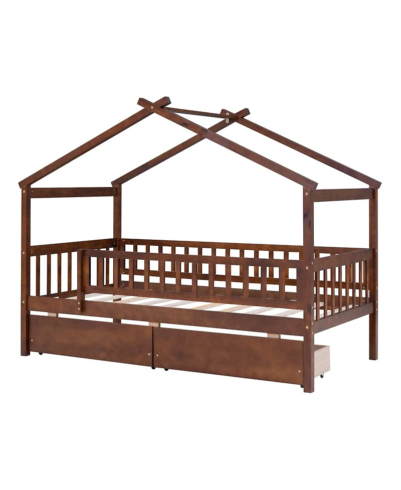Simplie Fun Twin Size Wooden House Bed With Two Drawers, Walnut