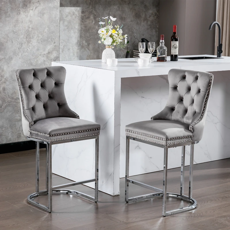 Streamdale Modern Gray Velvet Bar Stools Set Of 2