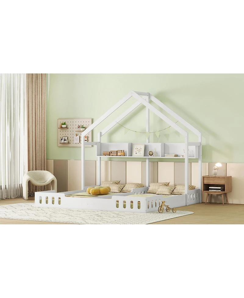 Simplie Fun Wood Twin Size House Platform Beds, Two Shared Beds With Shelves And Guardraily White