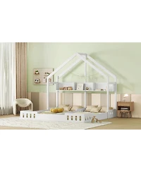 Simplie Fun Wood Twin Size House Platform Beds, Two Shared Beds With Shelves And Guardraily White