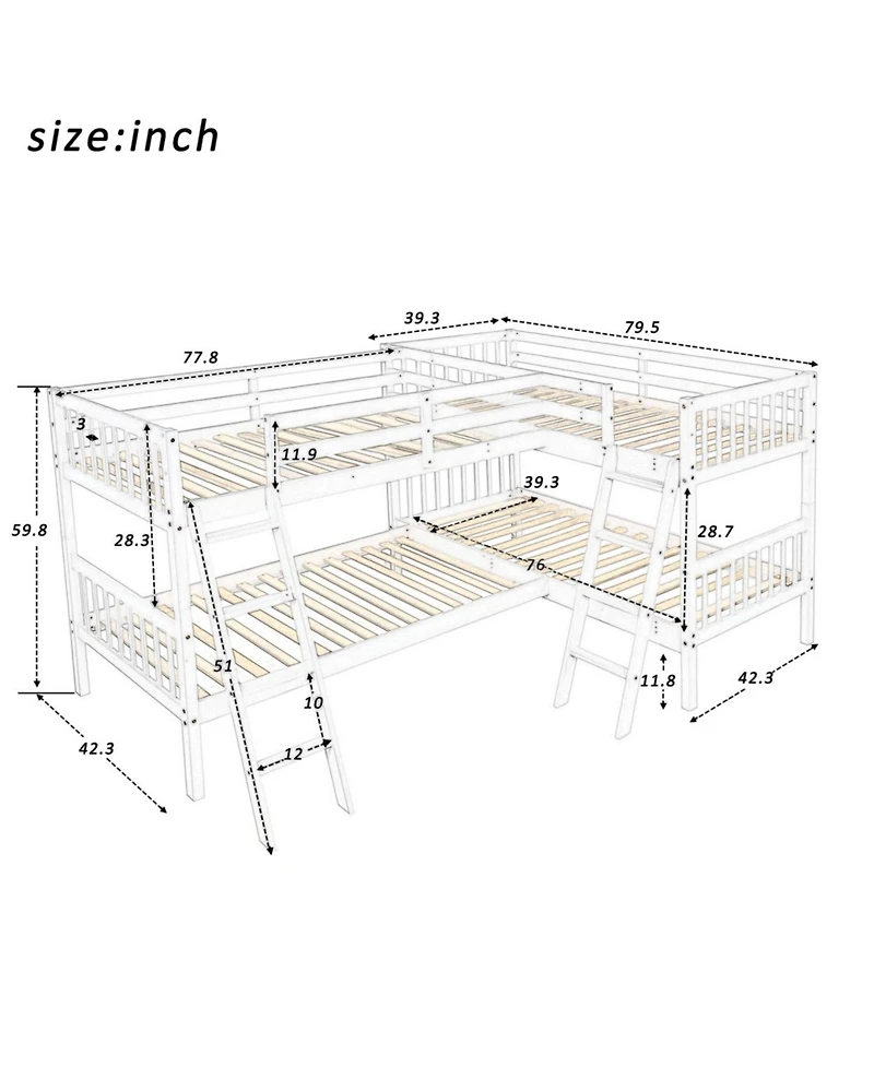 Streamdale Furniture L-Shaped Bunk Bed With Ladder, Twin