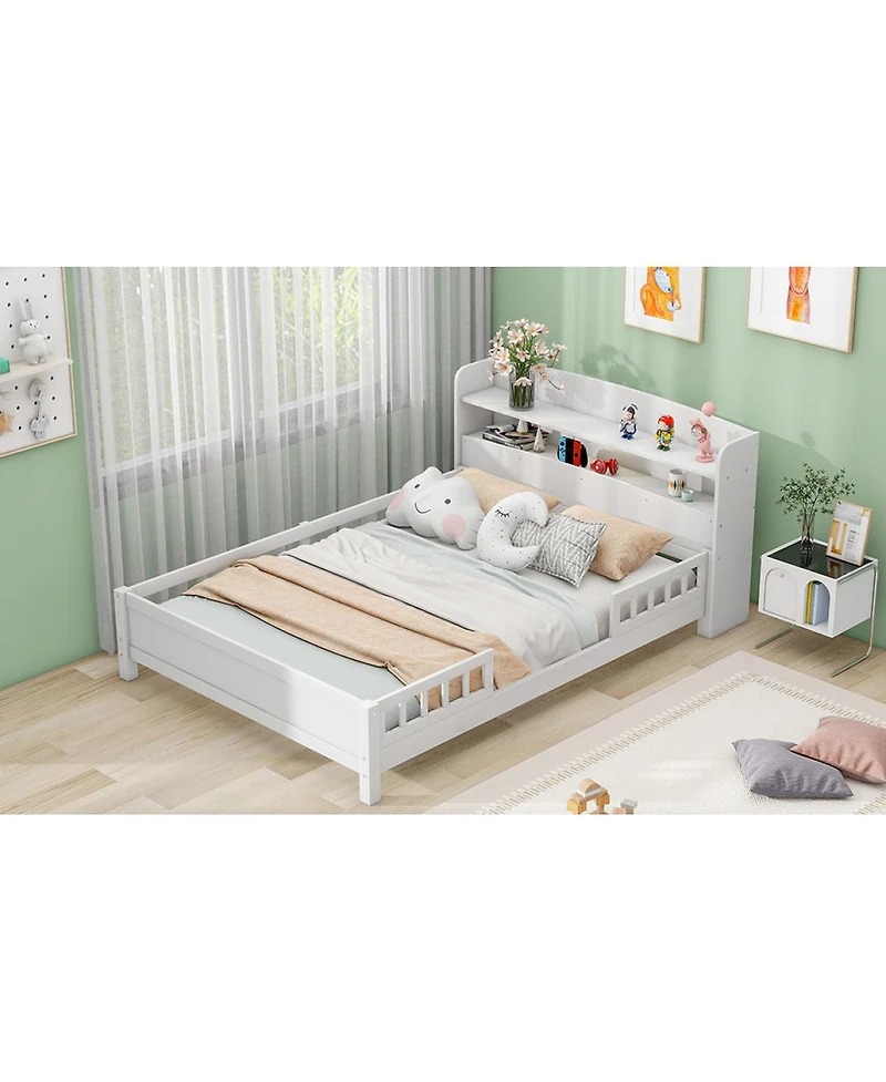 Simplie Fun Wood Full Size Platform Bed With Built-In Led Light, Storage Headboard And Guardrail, White