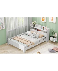Simplie Fun Wood Full Size Platform Bed With Built-In Led Light, Storage Headboard And Guardrail, White