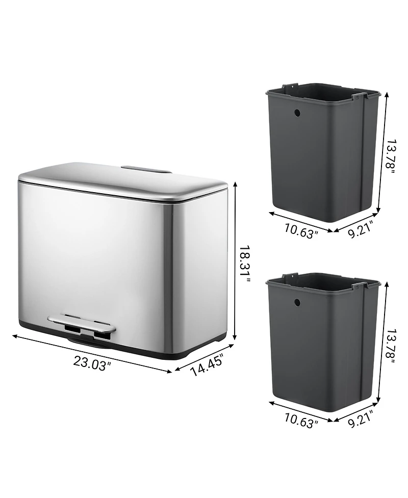 Mega Casa 14.8 Gallon Trash Can, 7.4 Gallon Dual Compartment Recycling Step-On Ss Kitchen Trash Can