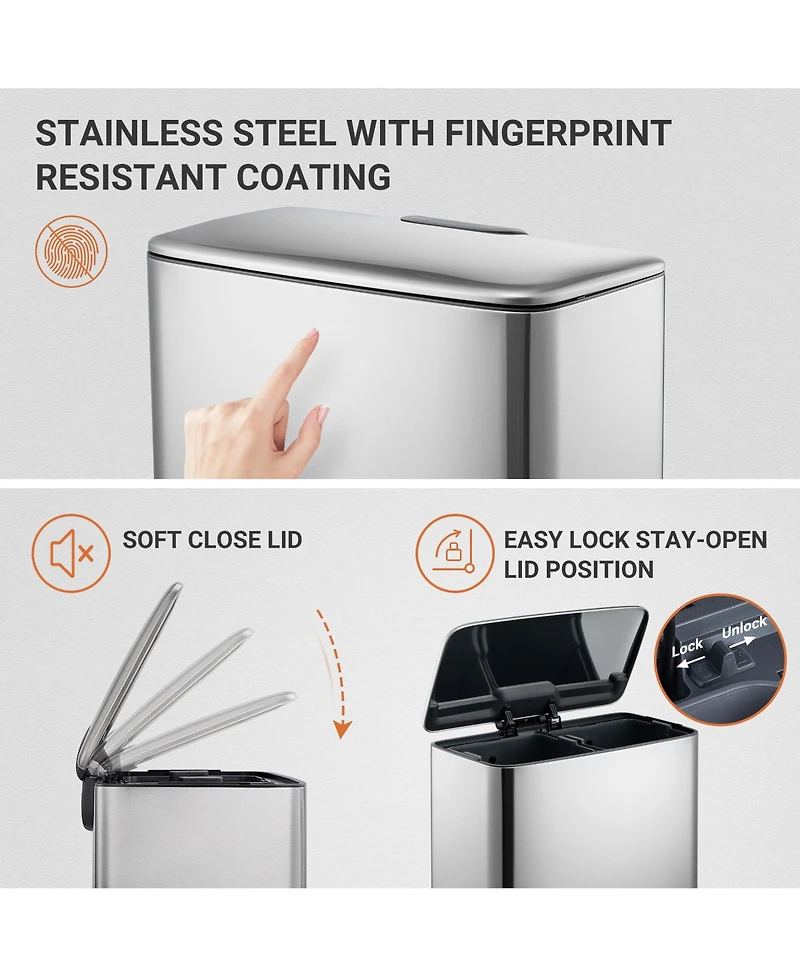 Mega Casa 14.8 Gallon Trash Can, 7.4 Gallon Dual Compartment Recycling Step-On Ss Kitchen Trash Can