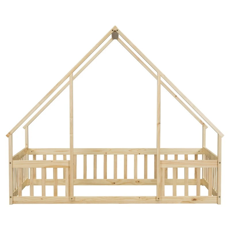 Simplie Fun Twin Wood House-Shaped Floor Bed with Fence, Guardrails, Natural