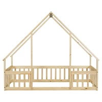 Simplie Fun Twin Wood House-Shaped Floor Bed with Fence, Guardrails, Natural