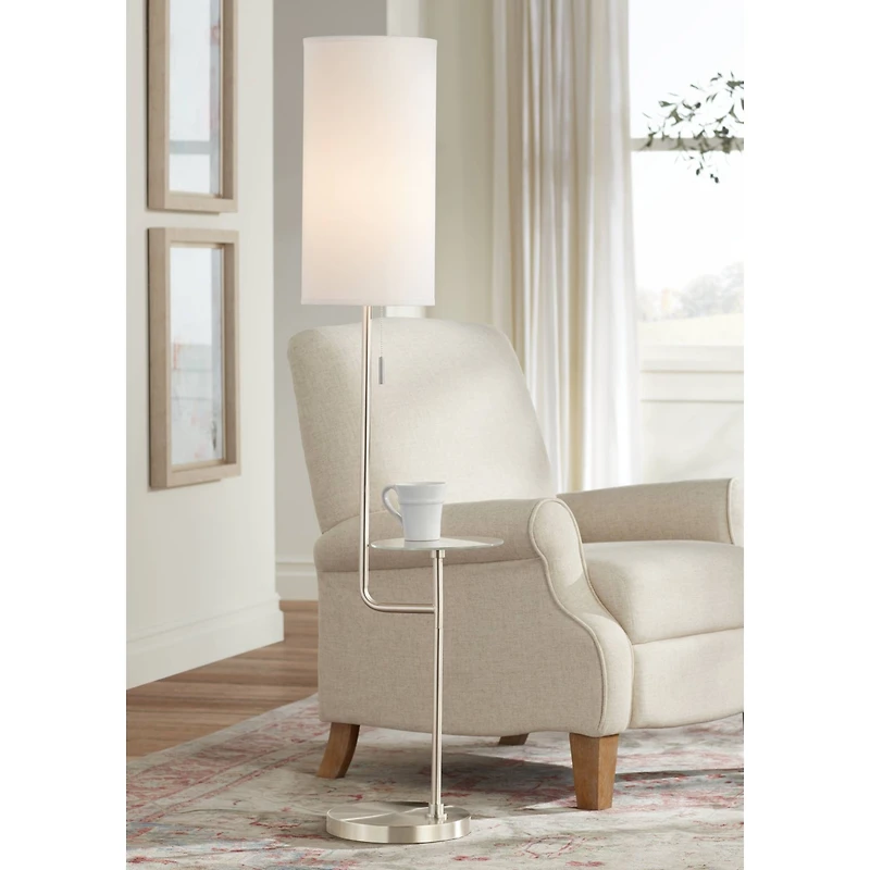 Possini Euro Design Piccolo Modern Floor Lamp with Tray Table 60 1/2" Tall Brushed Nickel White Cylinder Shade for Living Room Bedroom Office Hou