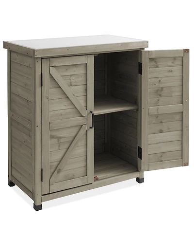 Outdoor Storage Cabinet and Potting Bench with Metal Tabletop - Wooden Garden Patio Workstation Table, Natural