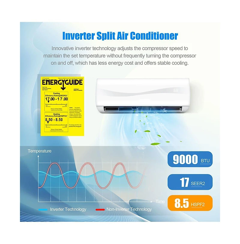 9000 Btu 17 SEER2 208-230V Ductless Mini Split Air Conditioner and Heater