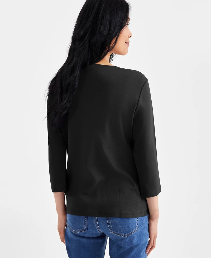 Style & Co Women's Cotton 3/4-Sleeve Henley Tee, Created for Macy's