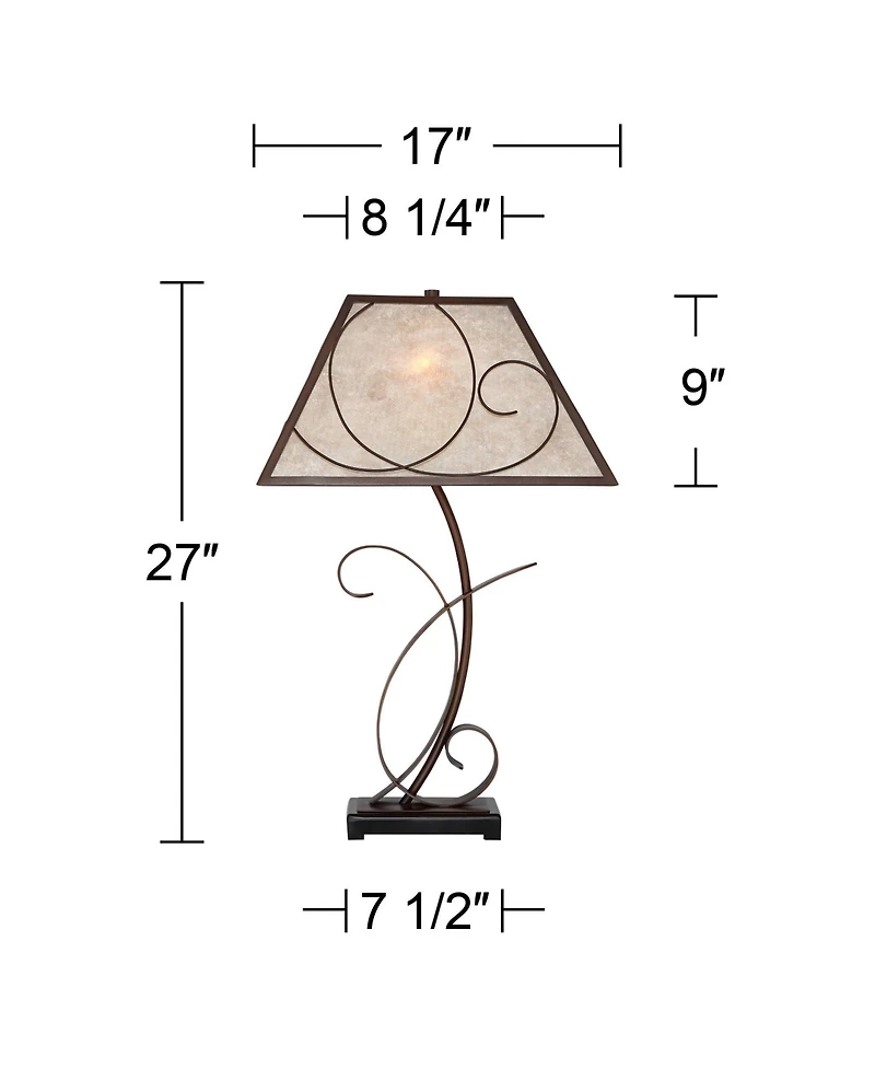 Teri Rustic Farmhouse Table Lamp 27" Tall Vintage like Brown Scroll Metal Light Mica Tapered Rectangular Shade for Bedroom Living Room House Home