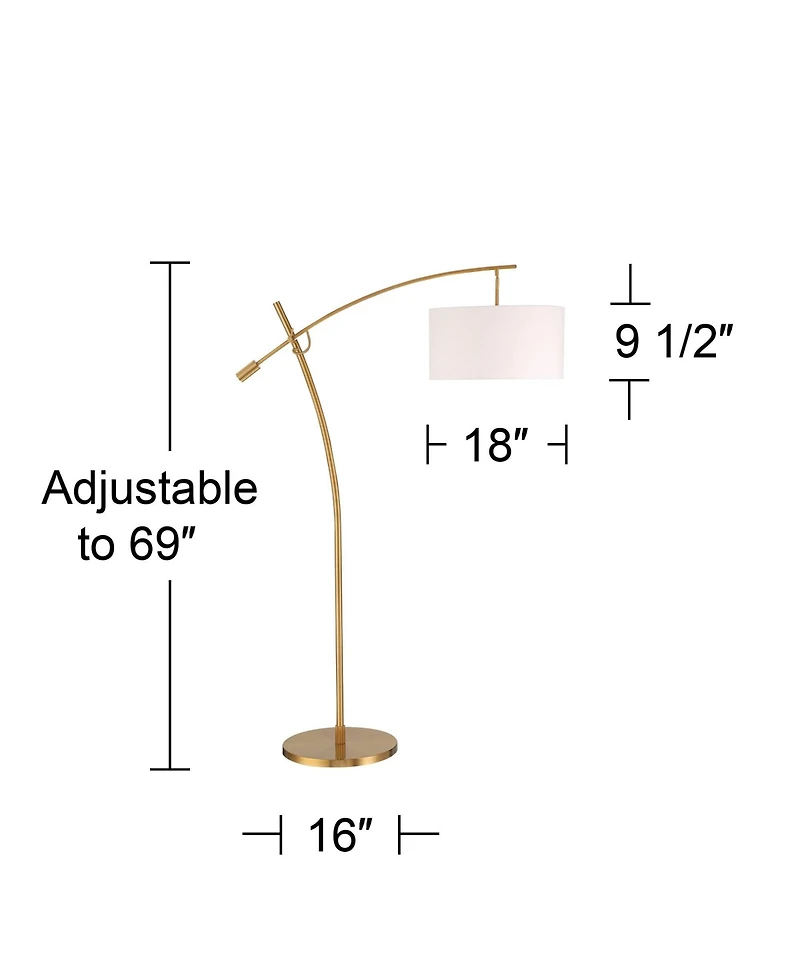 Possini Euro Design Raymond Modern Arc Floor Lamp 69" Tall Warm Gold Adjustable Boom Arm White Linen Drum Shade for Living Room Reading Office Ho