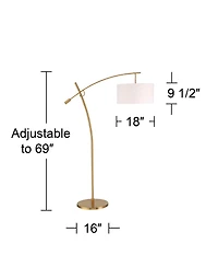 Possini Euro Design Raymond Modern Arc Floor Lamp 69" Tall Warm Gold Adjustable Boom Arm White Linen Drum Shade for Living Room Reading Office Ho