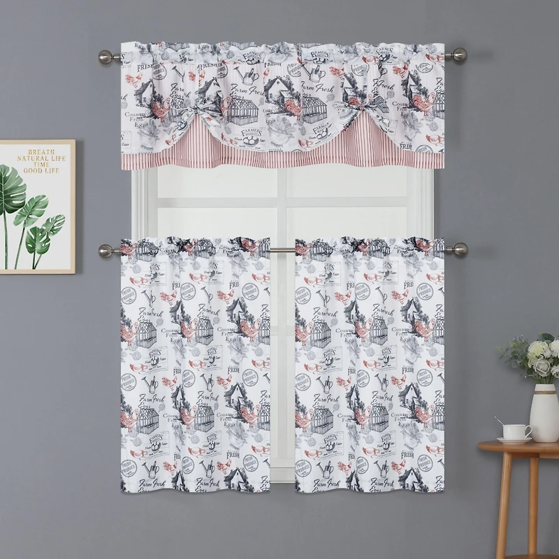 Kate Aurora Rooster Toile Complete 3 Pc Cafe Kitchen Curtain Tier And Valance Set
