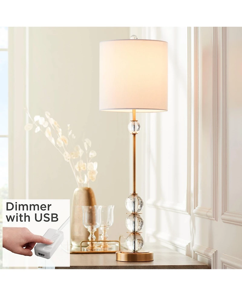 Vienna Full Spectrum Modern Art Deco Buffet Table Lamp 32 1/2" Tall with Usb Dimmer Cord Brass Metal Crystal Ball Off White Shade for Living Room