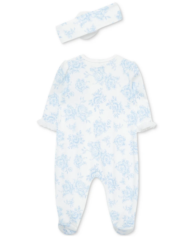 Little Me Baby Girls Cotton Blue Roses Footie & Headband Set