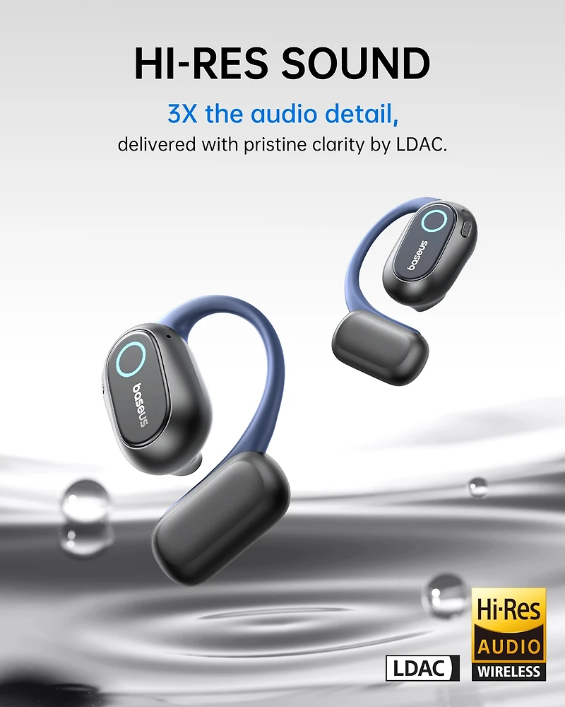 Baseus Open-Ear Headphones, Hi-Res Wireless Audio with Ldac, Rich Bass, 60H Play, Ai Clear Calls, Bluetooth 5.4, Earbuds - Bowie MF1 Black