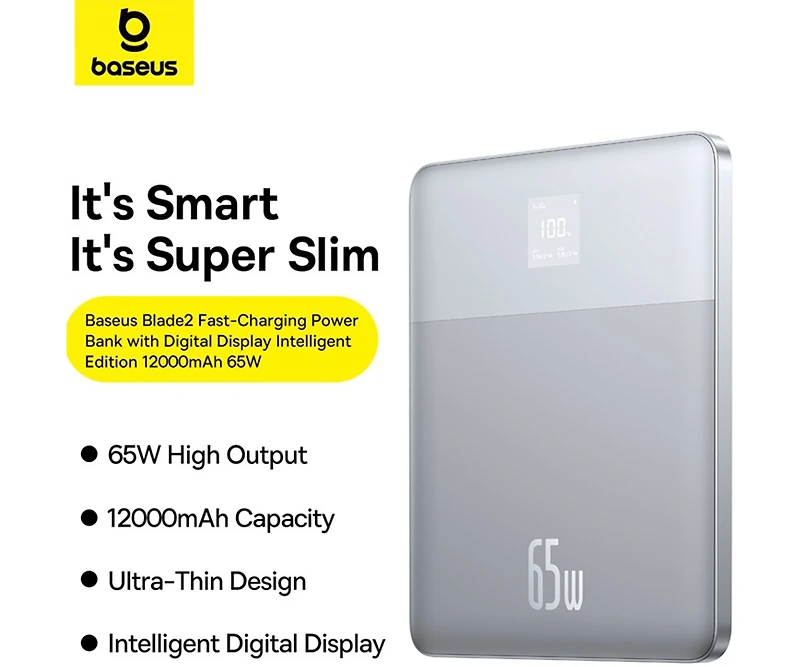 Baseus Blade2 Portable Charger 12000mAh Power Bank 65W Fast-Charging - Blue