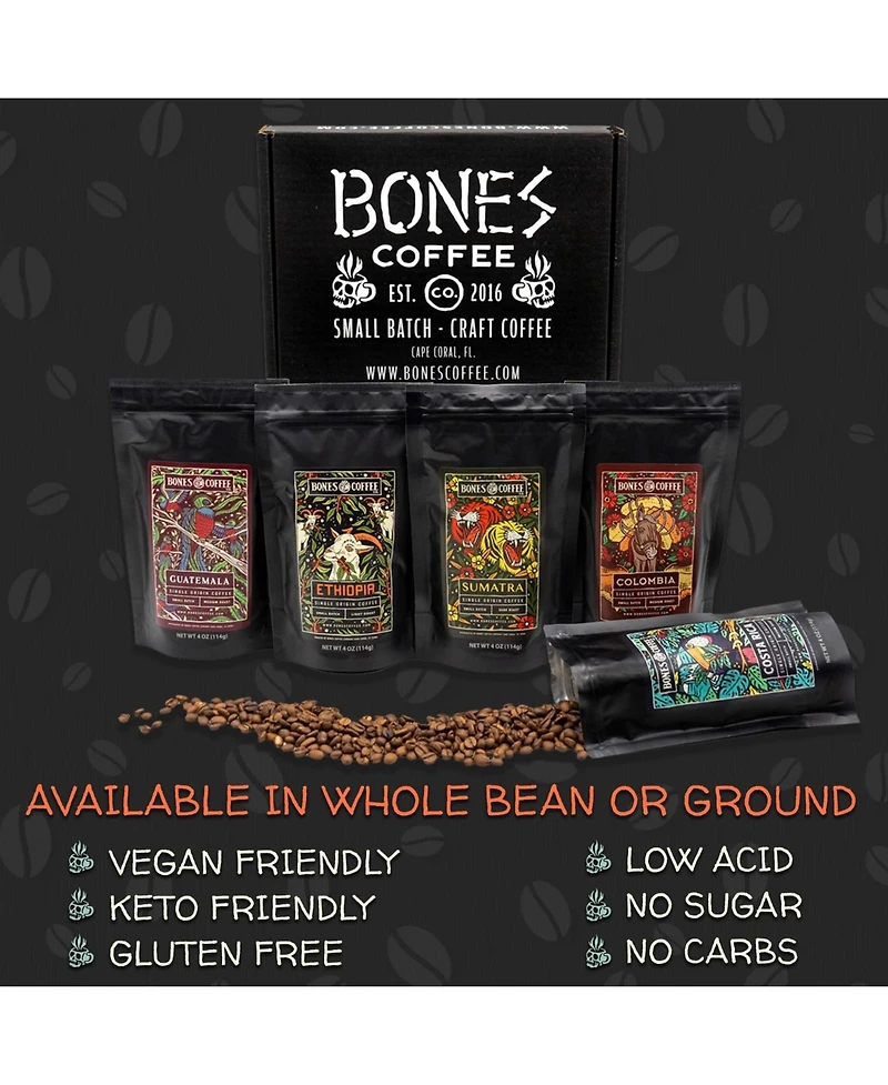 Bones Coffee Company New World Tour Sample Pack | Whole Coffee Beans Sampler Gift Box Set | 4 oz Pack of 5 Assorted Single-Origin Gourmet Coffee Gifts