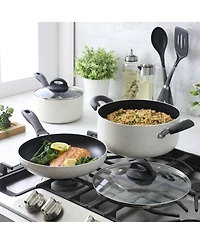 Oster Clairorne 7 Piece Aluminum Premium Nonstick Pots and Pans Cookware Set W/ Induction & Bakelte Stay Cool Handle - White W/ Speckle