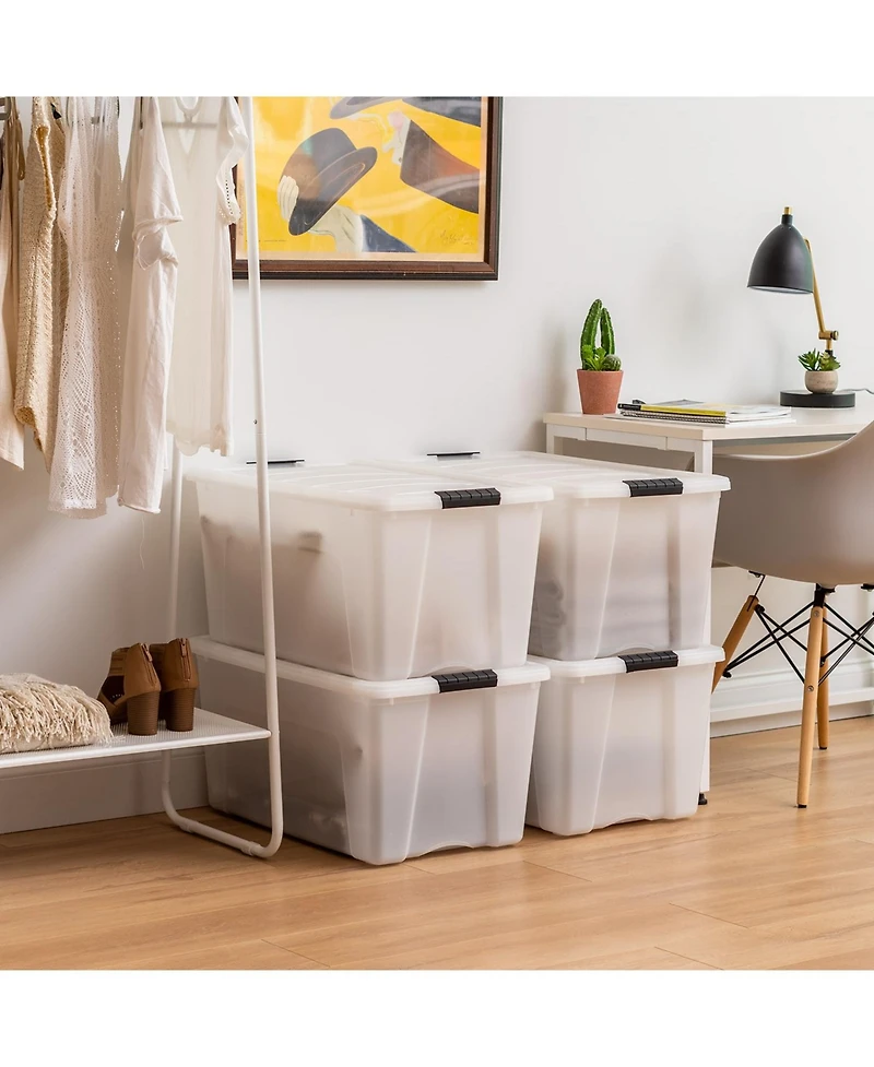 Iris 4 Pack 72qt Plastic Storage Bin with Lid and Secure Latching Buckles, Pearl