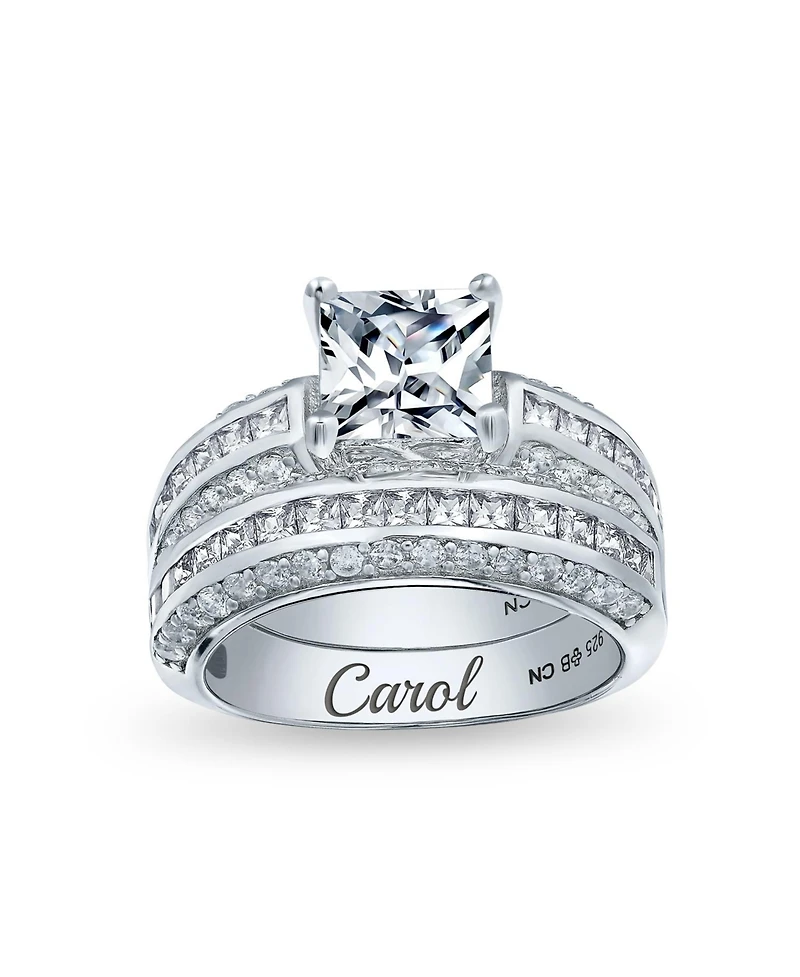 Bling Jewelry 3CT Art Deco Style Square Princess Cut Solitaire Clear Cz Promise Ring Set Sterling Silver