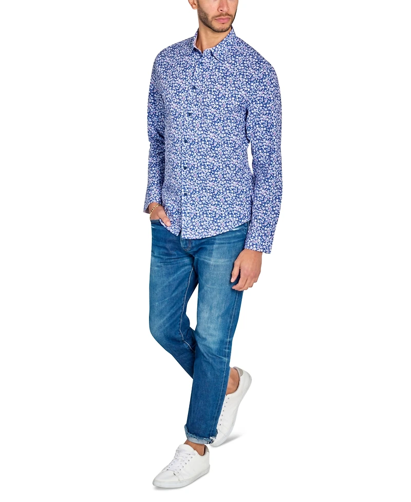 Brooklyn Brigade Men's Non-Iron Performance Stretch Moisture-Wicking Mini-Floral Button-Down Shirt