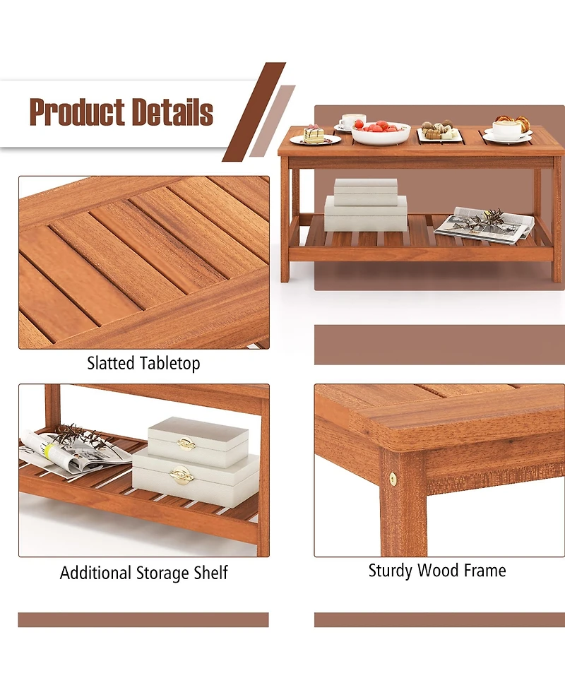 Gymax Hardwood Outdoor Patio Coffee Table 2-Tier Coffee Table w/ Slat Tabletop & Storage Shelf Natural