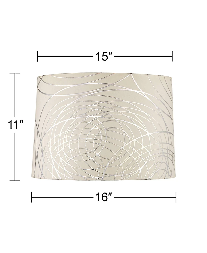 Springcrest Set of 2 Drum Lamp Shades Off-White Silver Circles Medium 15" Top x 16" Bottom x 11" High Spider with Harp and Finial