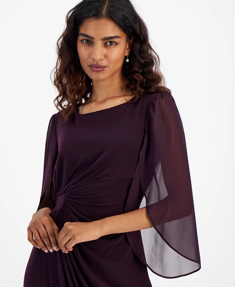 Connected Petite Chiffon Cape-Sleeve Sheath Dress