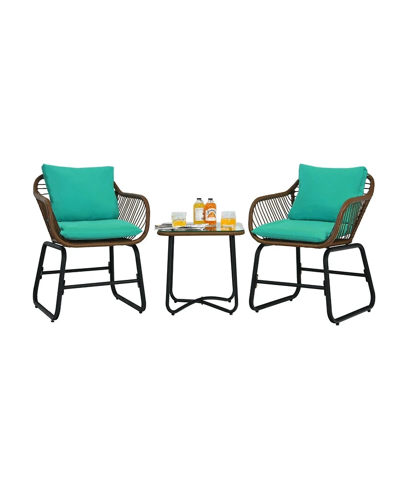 Slickblue 3 Pieces Patio Rattan Bistro Set Cushioned Chair Glass Table Deck