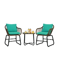 Slickblue 3 Pieces Patio Rattan Bistro Set Cushioned Chair Glass Table Deck
