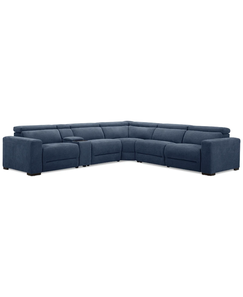 Nevio 6-Pc. Fabric Power Headrest L-Shaped Sectional and Console with 2 Motion Chairs