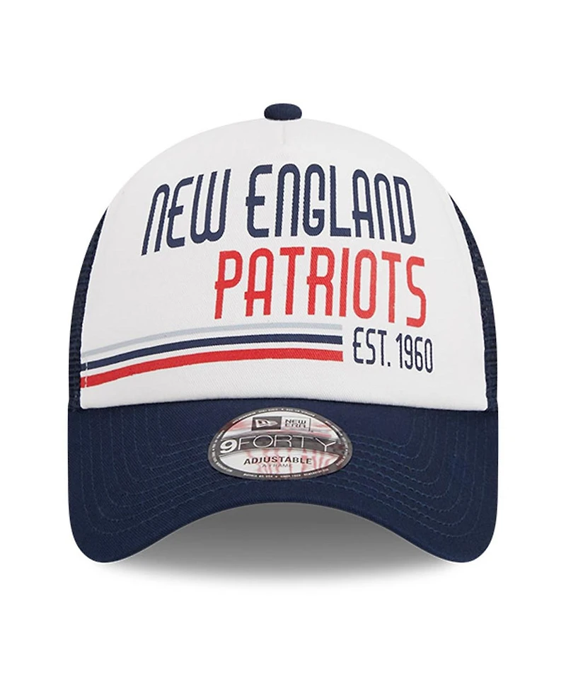 New Era Men's White/Navy New England Patriots Stacked A-Frame Trucker 9FORTY Adjustable Hat